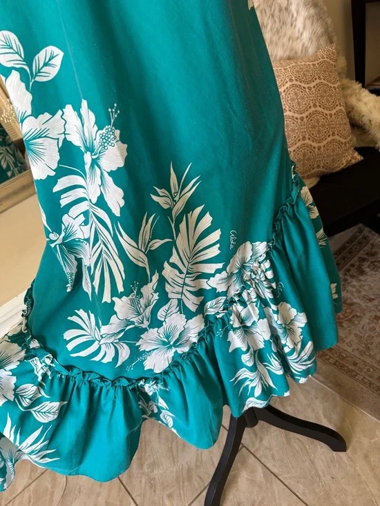 Vtg Hawaiian Washed teal white floral v neck tank midi maxi mumu dress M - Picture 6 of 12